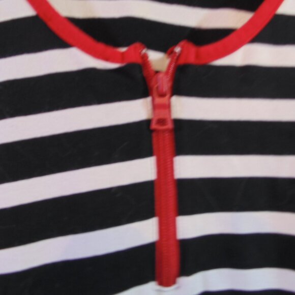 Express Black and white Stripped 3/4 Sleeve red trim collar and red back zip. Lg - Picture 3 of 4